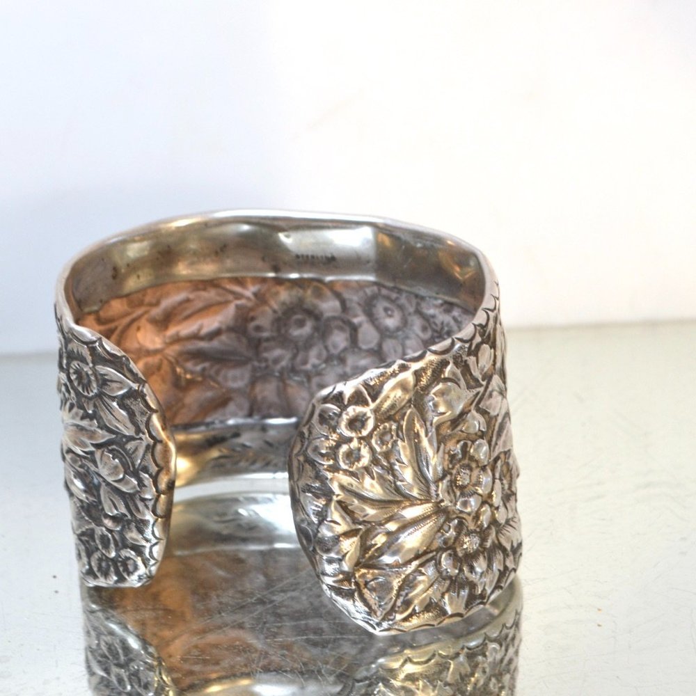 Art Nouveau Sterling Silver Floral Cuff Bracelet - Picture 12 of 12